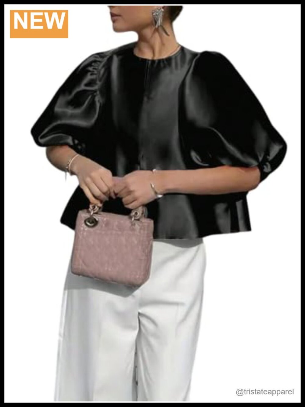 Womens Satin Puff Sleeve Blouse Crew Neck Keyhole Elegant Work Top